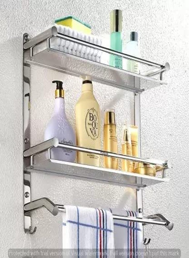 Filox Stainless Steel 2-Tier Bathroom Shelf with Towel Rod | Wall Mounted Multipurpose Rack Organizer | Rust-Resistant Storage for Toiletries & Accessories | 20-Inch, Silver - Image 4